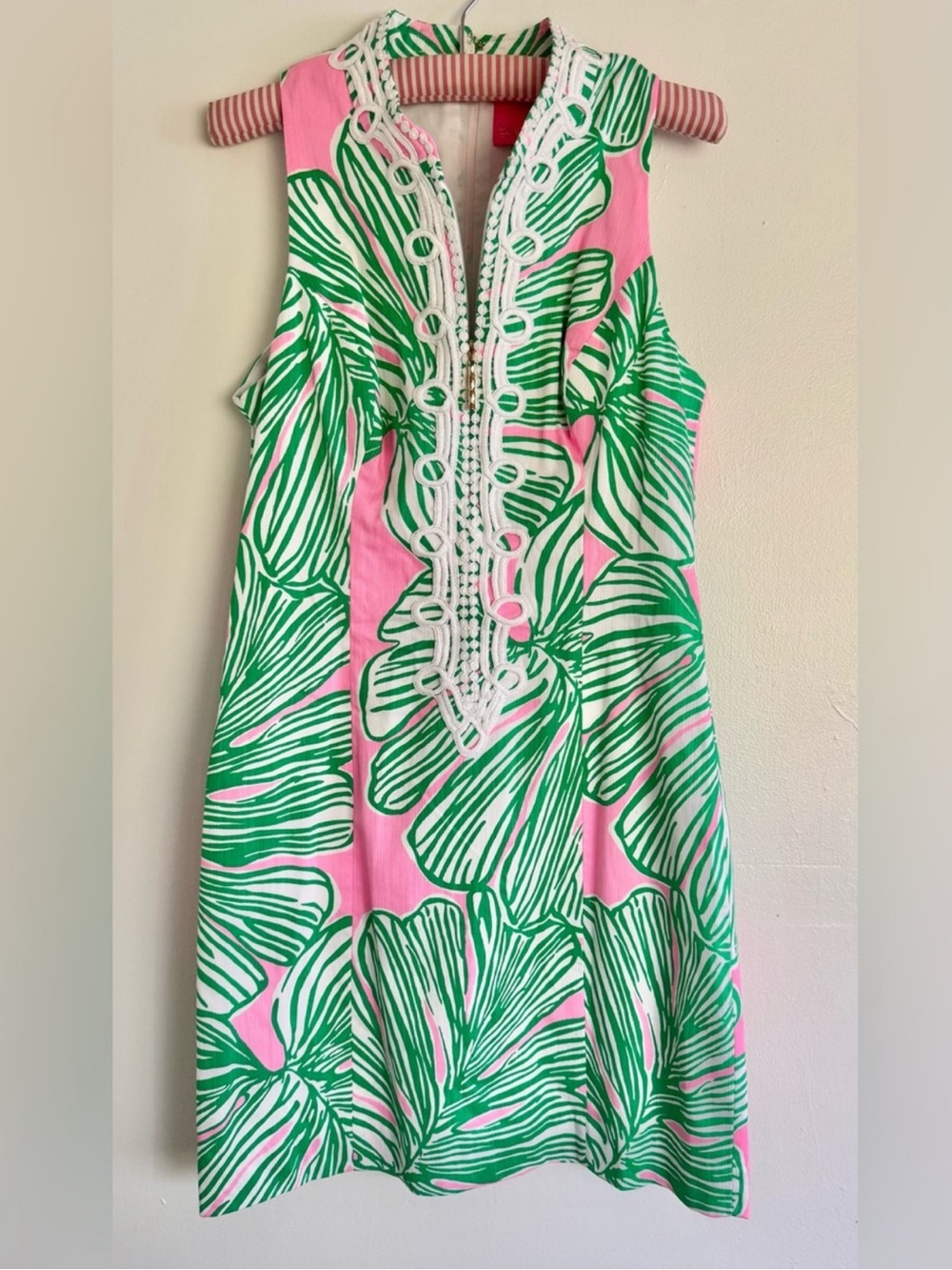 Pink and Green Tropical Shift Dress with White Trim who let the fronds out